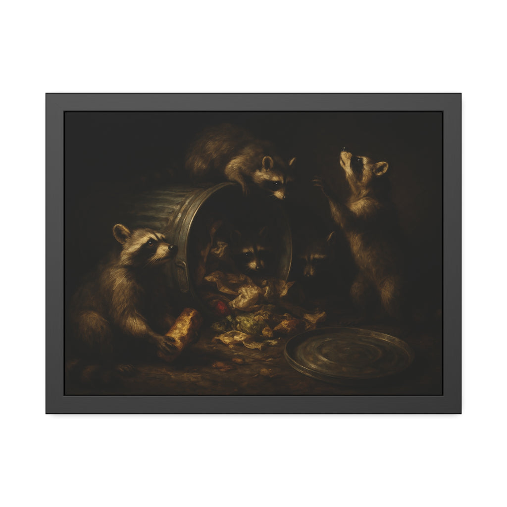 Raccoons around a tipped metal trash can, scattering food scraps. The Vigil of the Midnight Feast by Garabaggio, framed fine art print hanging in a room.