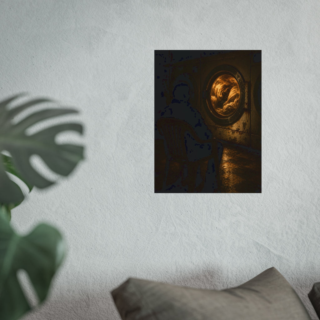 A person seated in a plastic chair facing a lit dryer drum. The Watcher in the Plastic Chair by Garabaggio, fine art print hanging in a room.