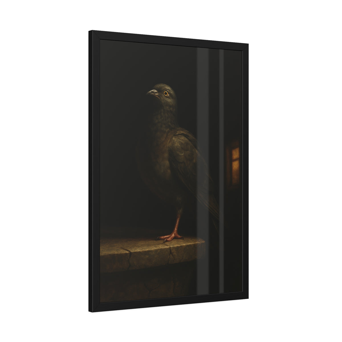 A pigeon standing on a cracked stone ledge in near darkness. The Martyrdom of the One-Legged Saint by Garabaggio, framed fine art print hanging in a room.