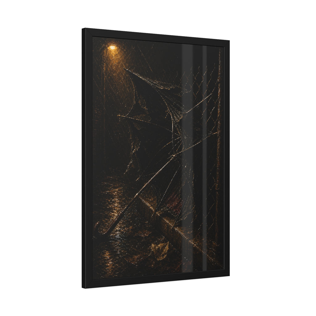 A broken umbrella pinned to a chain link fence under a rainy streetlamp. The Scourging by the Wind by Garabaggio, framed fine art print hanging in a room.