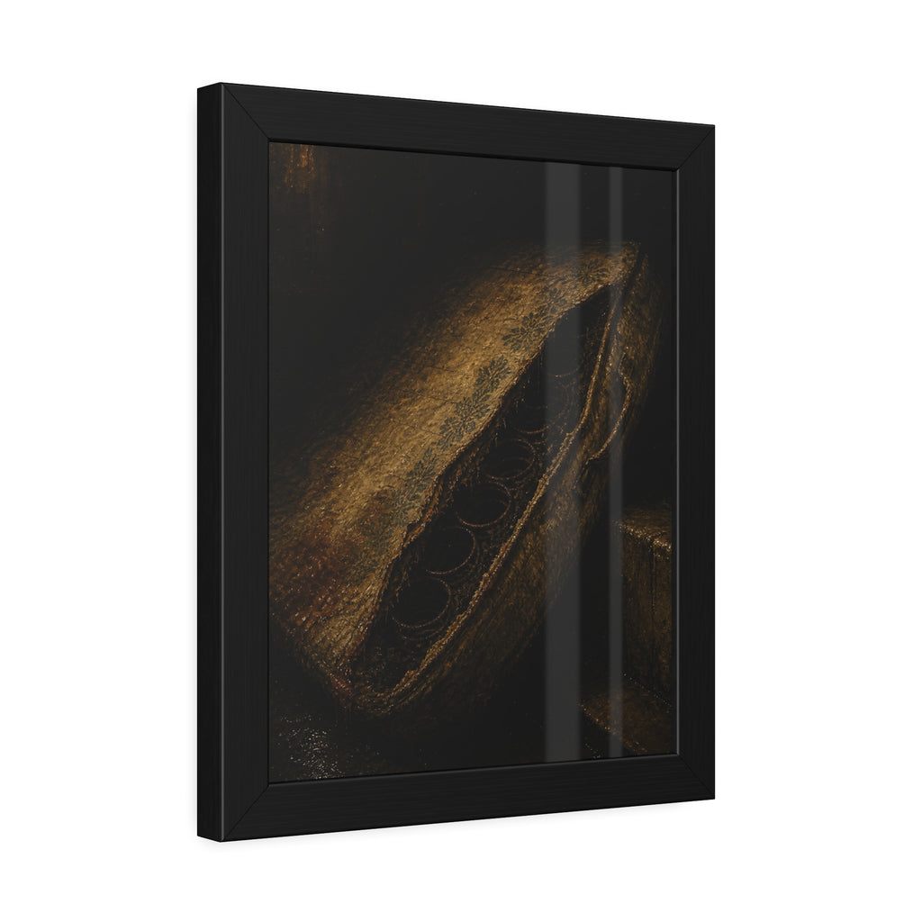 A torn mattress propped on its side, coil springs showing through the split. The Showing of the Springs by Garabaggio, framed fine art print hanging in a room.