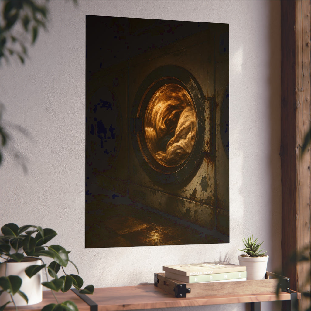 A washer drum tumbling laundry lit amber behind its glass door. The First Spin by Garabaggio, fine art print hanging in a room.