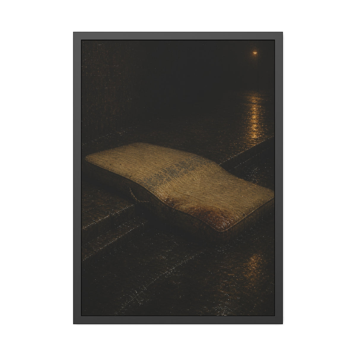 A sodden mattress slumped off a curb on wet pavement under a street lamp. The Collapse into the Gutter by Garabaggio, framed fine art print, 28″ x 40″.