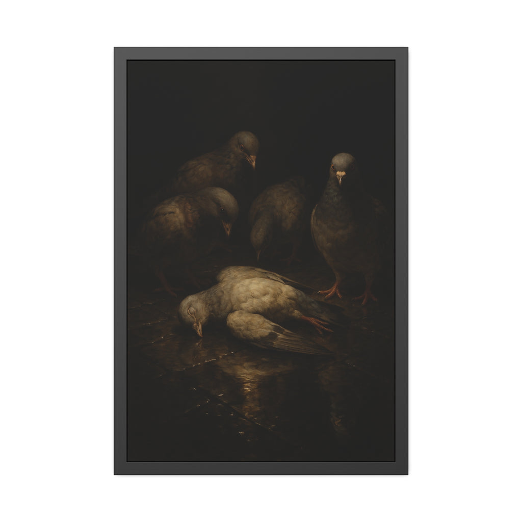 Four pigeons standing over a dead pigeon on wet pavement. The Lamentation by Garabaggio, framed fine art print hanging in a room.