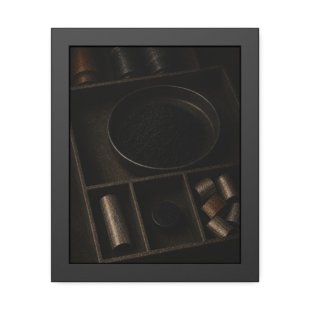 Battery casings and black powder sorted into the trays of a dim box. The Black Recovery by Garabaggio, framed fine art print, 11″ x 14″.