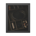Battery casings and black powder sorted into the trays of a dim box. The Black Recovery by Garabaggio, framed fine art print, 11″ x 14″.