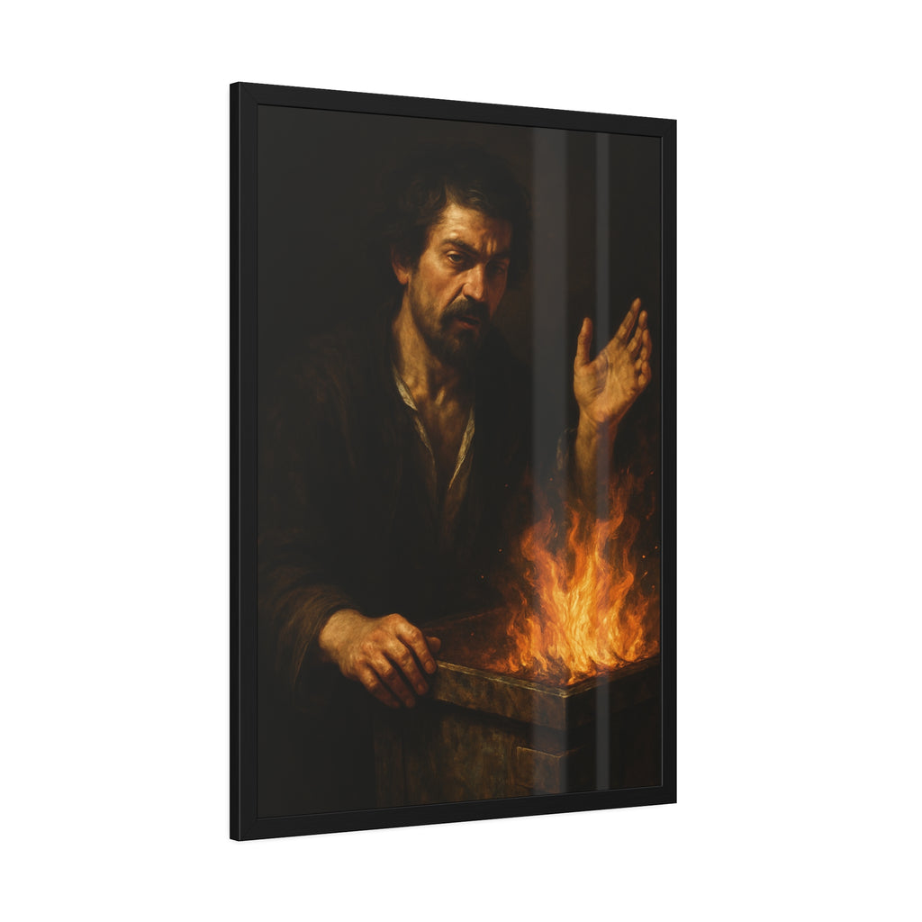 Man holding one hand high over the flames of an open burning bin. Self-Portrait Commanding the Light by Garabaggio, framed fine art print hanging in a room.