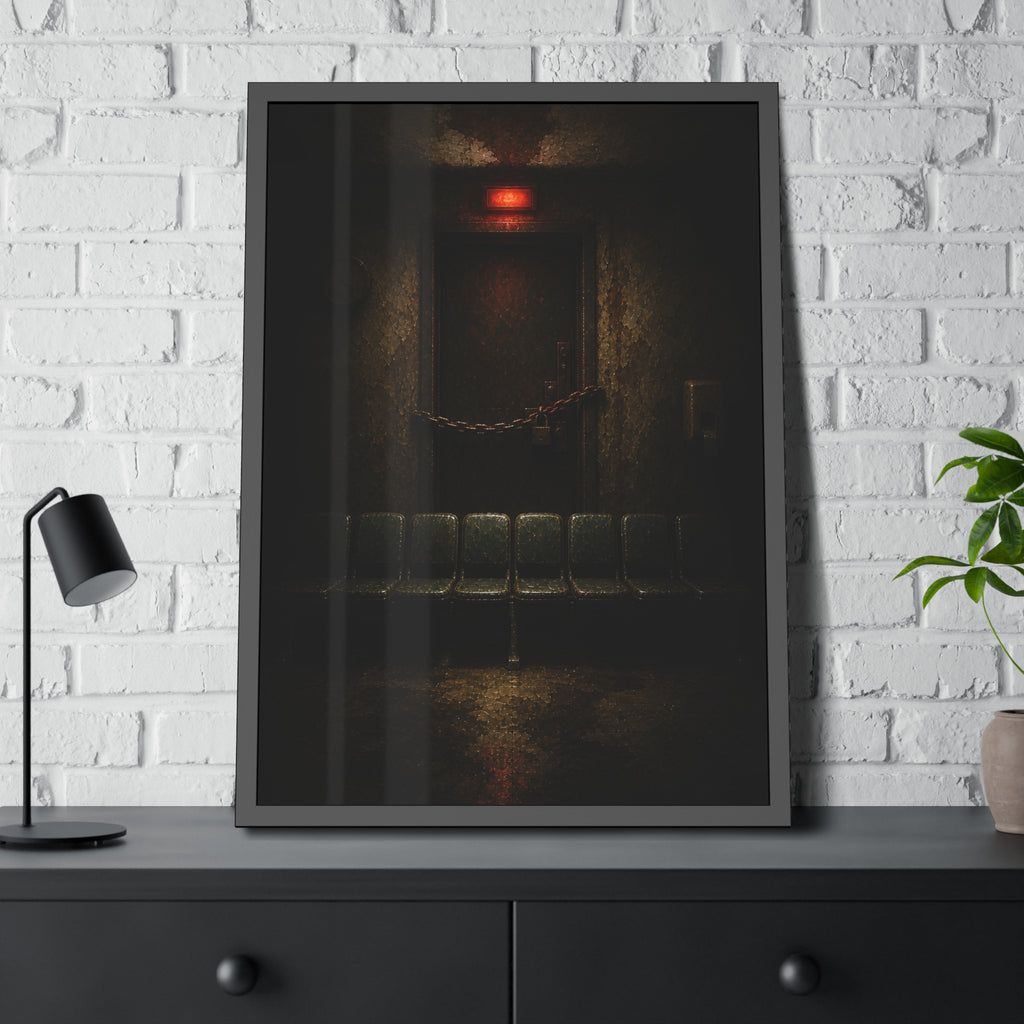 Chained waiting room door under a red exit light, empty seats below. After Closing by Garabaggio, framed fine art print hanging in a room.