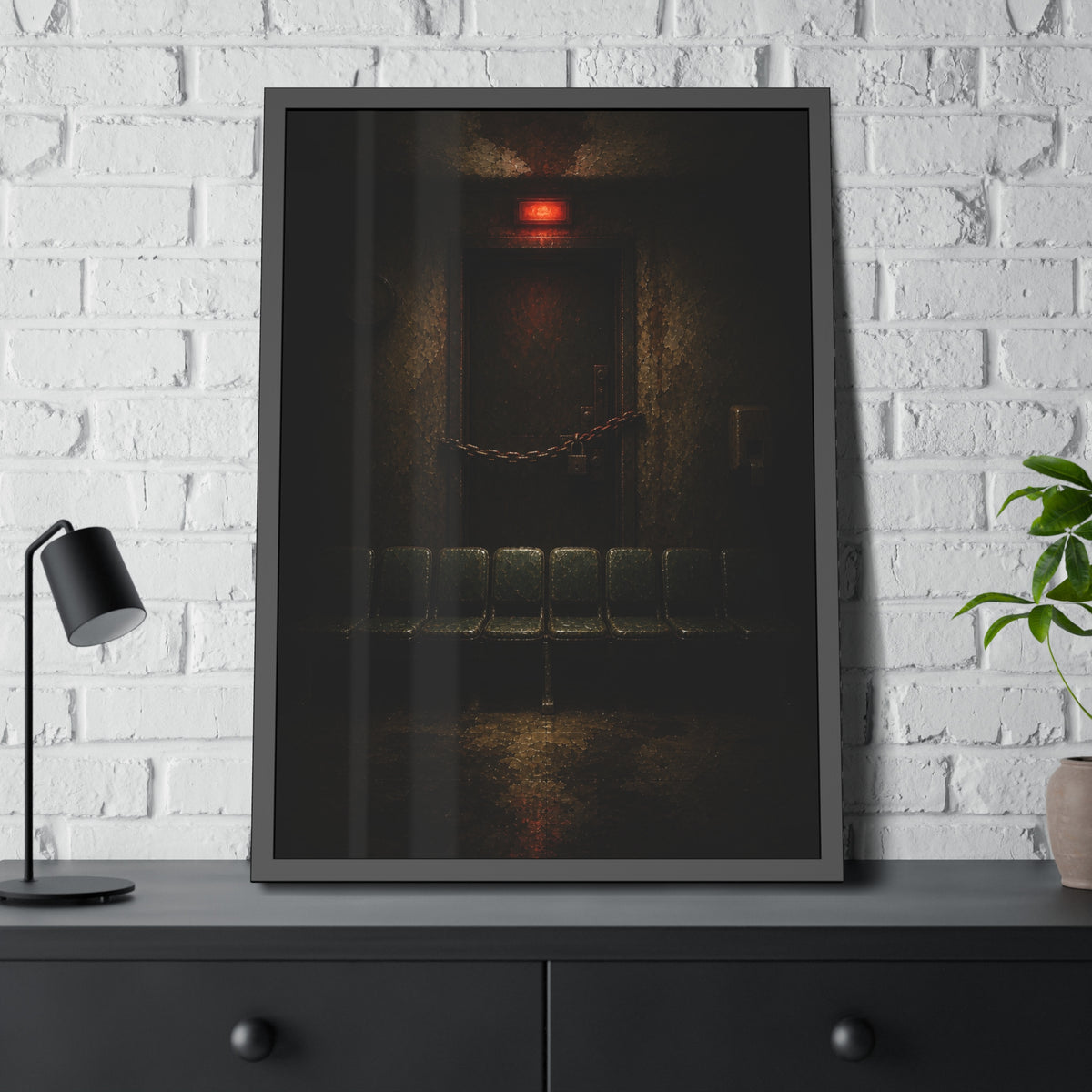 Chained waiting room door under a red exit light, empty seats below. After Closing by Garabaggio, framed fine art print hanging in a room.
