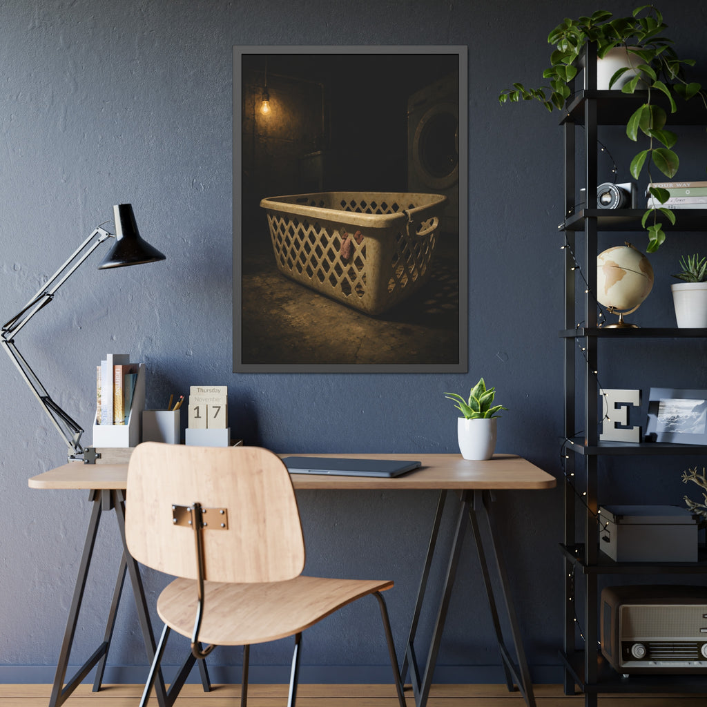 A plastic laundry basket on a basement floor under a bare hanging bulb. The First Split by Garabaggio, framed fine art print hanging in a room.