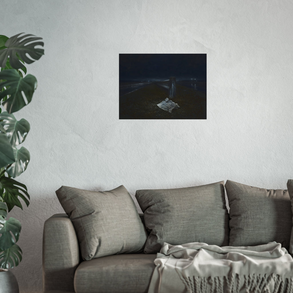 A sheet of paper on a grassy highway median beside a concrete post at night. The Resume on the Median by Garabaggio, fine art print hanging in a room.
