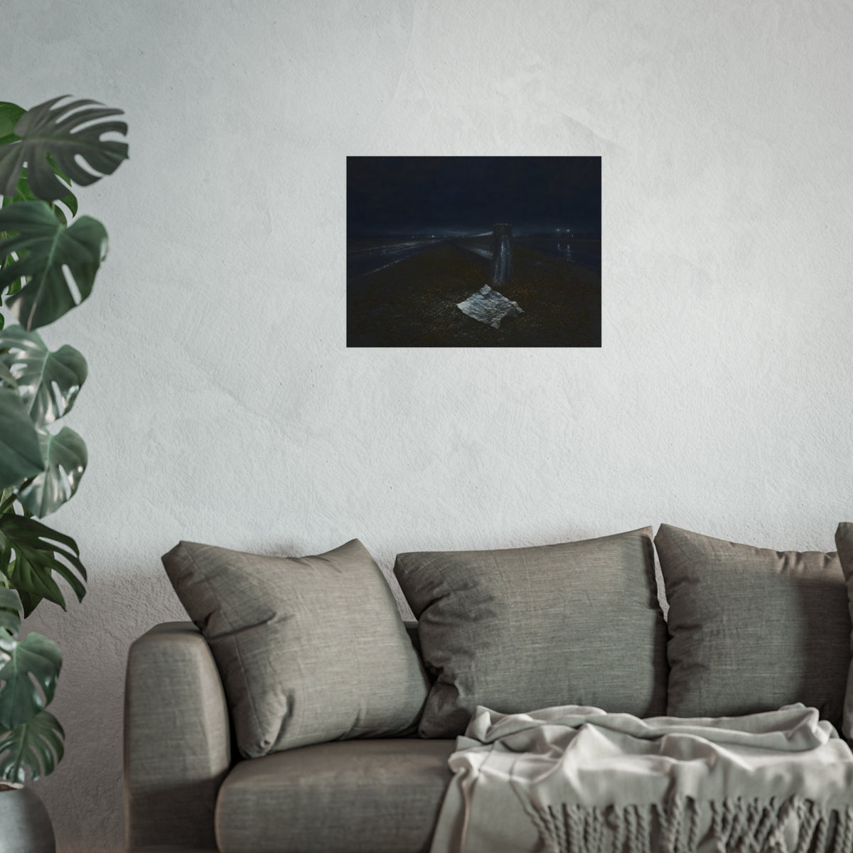 A sheet of paper on a grassy highway median beside a concrete post at night. The Resume on the Median by Garabaggio, fine art print hanging in a room.
