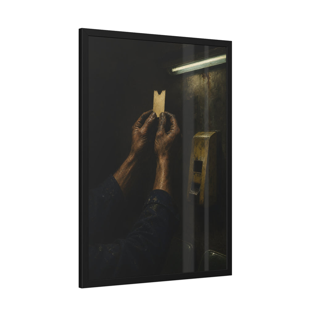 Weathered hands holding a paper queue ticket under a fluorescent tube. The First Number by Garabaggio, framed fine art print hanging in a room.