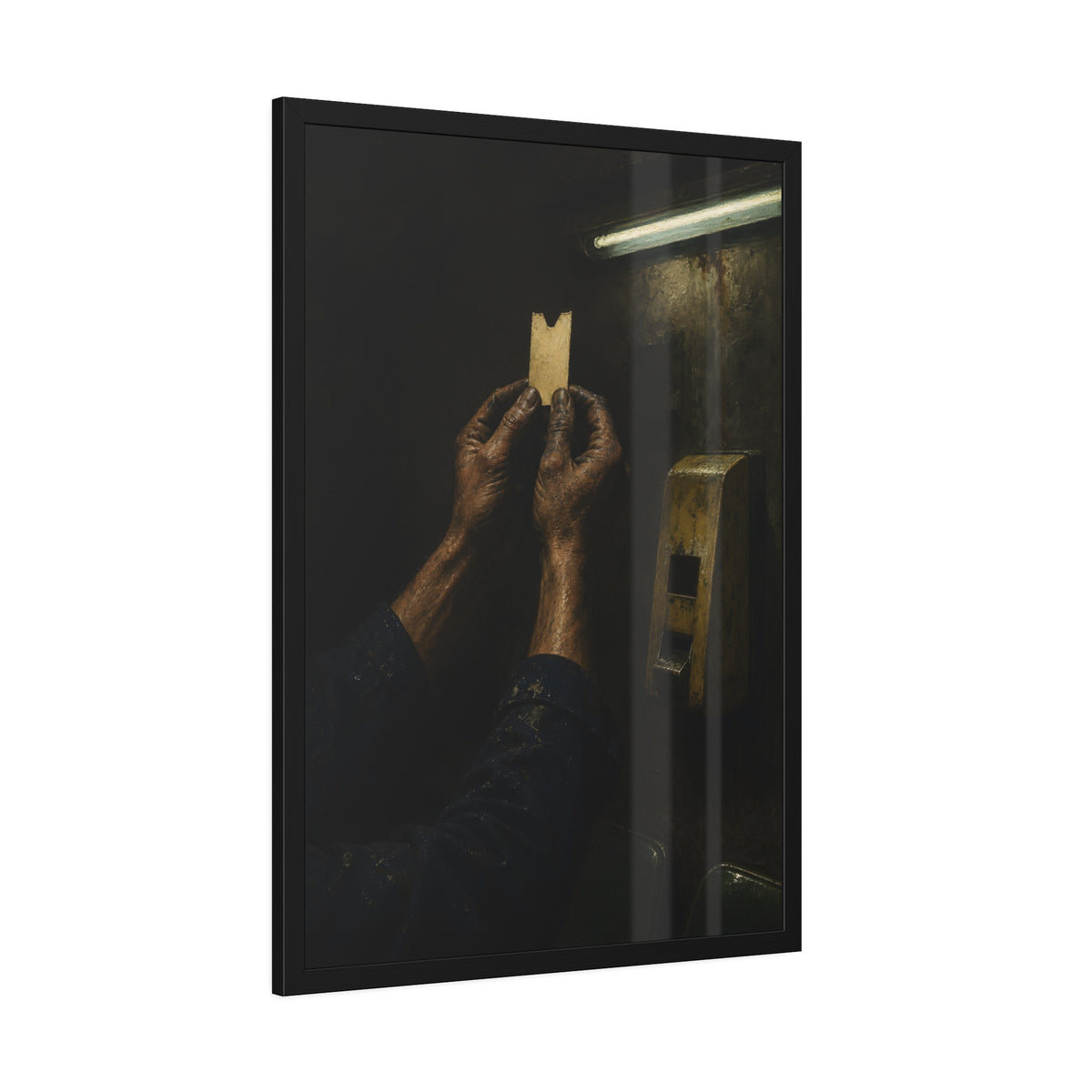 Weathered hands holding a paper queue ticket under a fluorescent tube. The First Number by Garabaggio, framed fine art print hanging in a room.