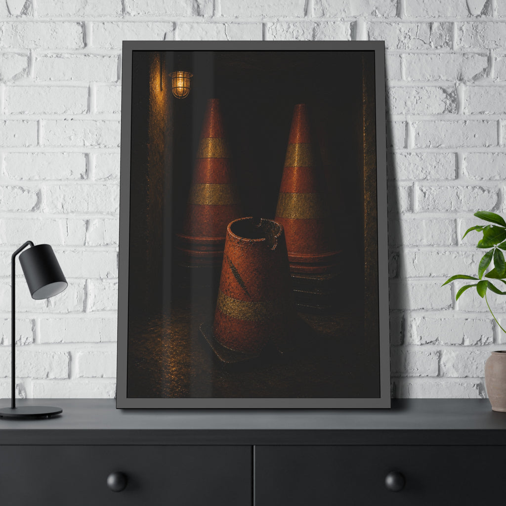 Stacked traffic cones behind a crushed one under a caged wall lamp. The Multiplication of Cones by Garabaggio, framed fine art print hanging in a room.