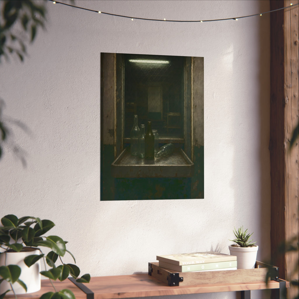 Empty glass bottles on a metal tray at a service window under a fluorescent tube. The Counting Window by Garabaggio, fine art print hanging in a room.