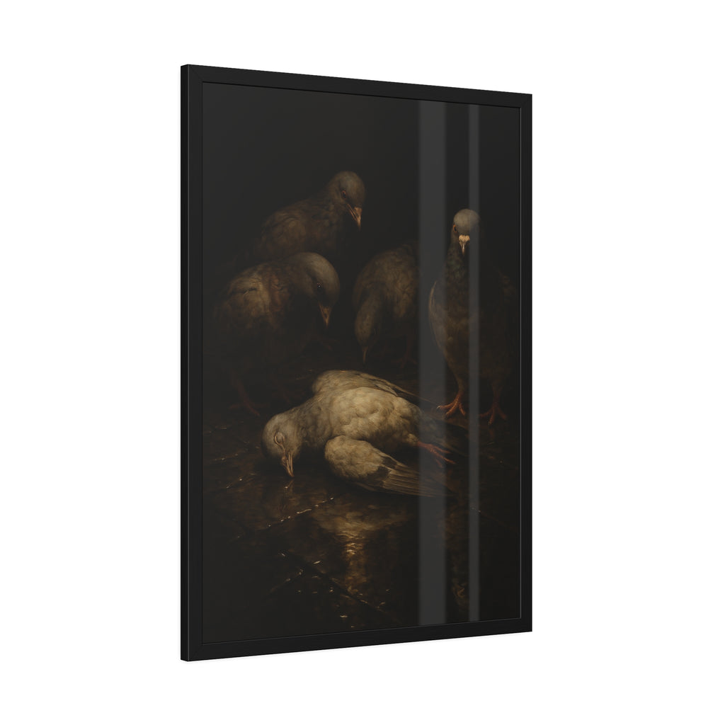 Four pigeons standing over a dead pigeon on wet pavement. The Lamentation by Garabaggio, framed fine art print hanging in a room.