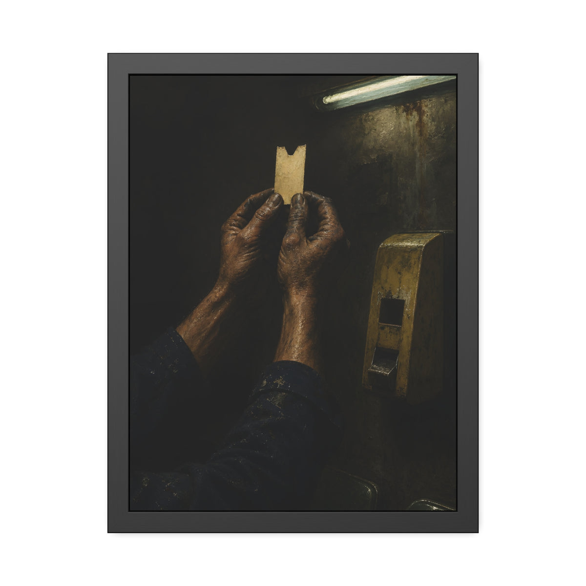 Weathered hands holding a paper queue ticket under a fluorescent tube. The First Number by Garabaggio, framed fine art print, 18″ x 24″.