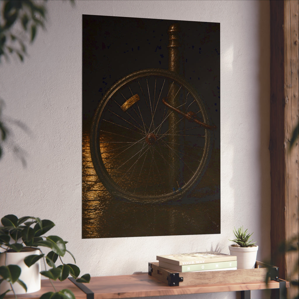 A bent bicycle wheel locked to a post on wet pavement. The Last Lock by Garabaggio, fine art print hanging in a room.