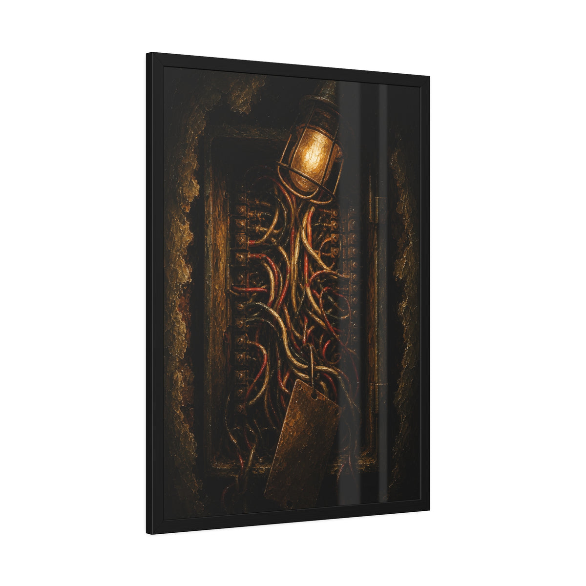An open intercom box crowded with red and white wires under a bare bulb. The Wires Behind Names by Garabaggio, framed fine art print hanging in a room.