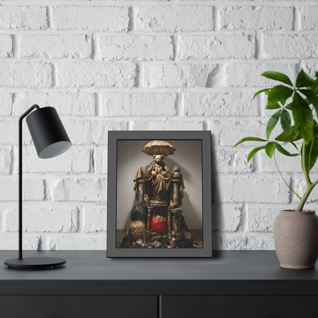 A teddy bear figure under an umbrella atop a pile of trash bags. Madonna of the Lost and Found by Garabaggio, framed fine art print hanging in a room.