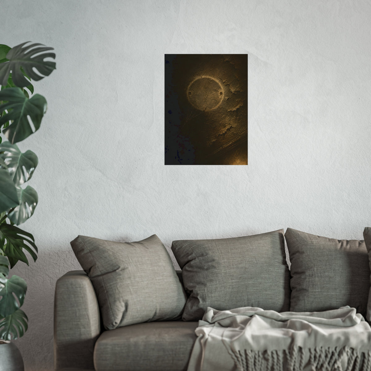 A pale ring and two screw holes on a peeling ceiling where a detector was. The Circle on the Ceiling by Garabaggio, fine art print hanging in a room.