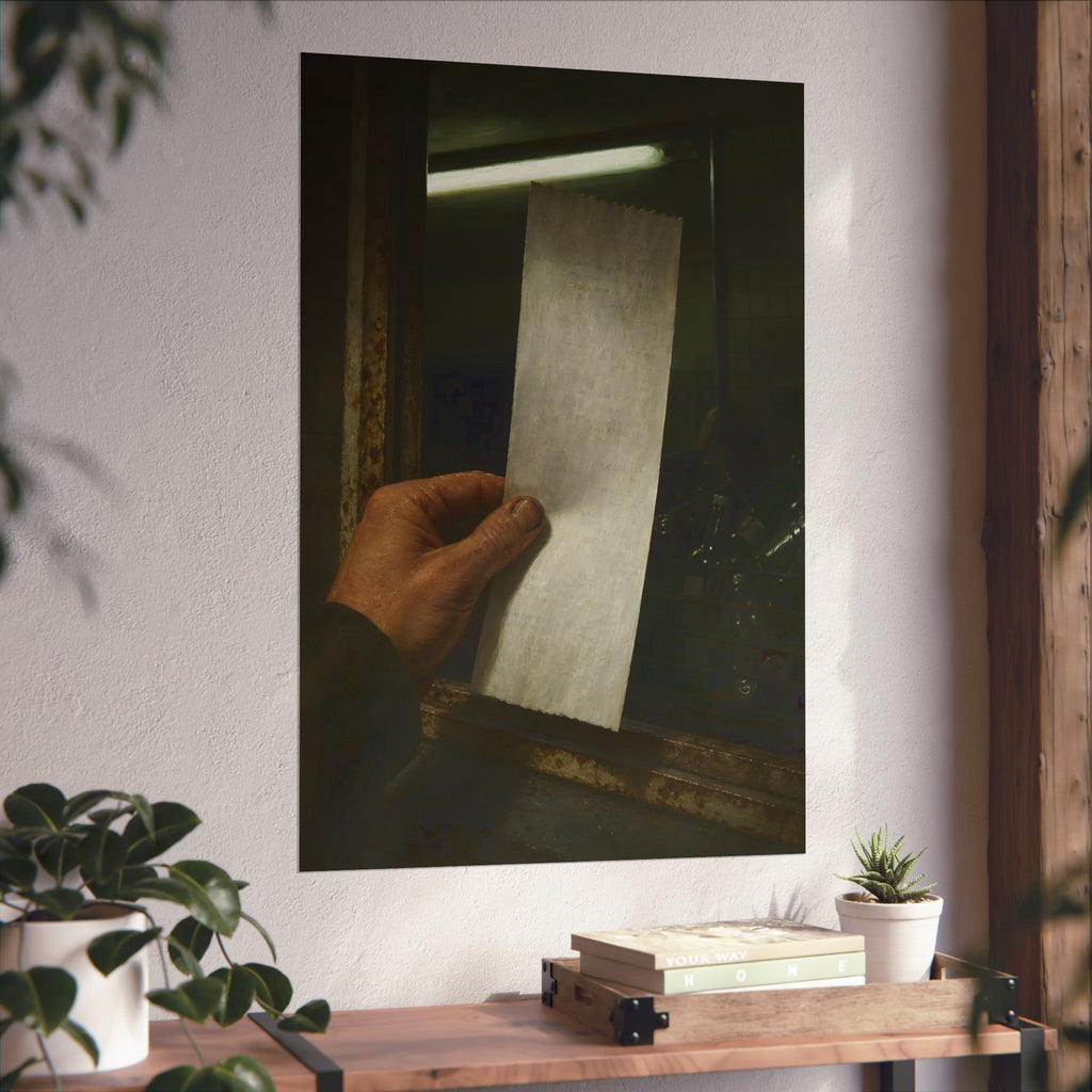 A hand holding a blank slip at a rusted counter window, bottles behind. The Receipt of Absolution by Garabaggio, fine art print hanging in a room.