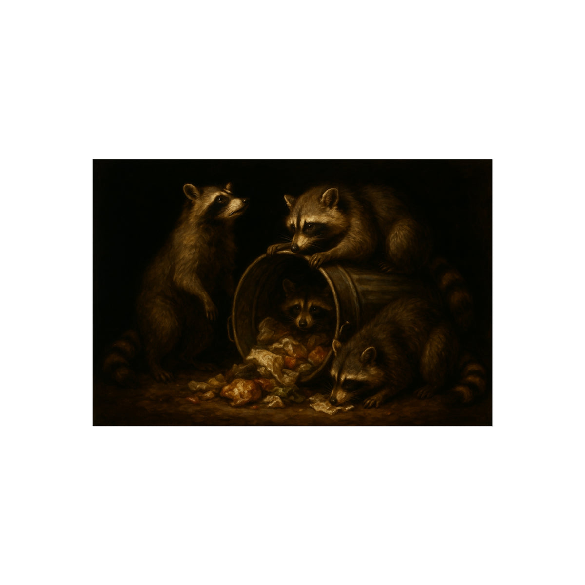 Four raccoons around a tipped metal trash can spilling food scraps. The Crowning with Crumbs by Garabaggio, fine art print hanging in a room.