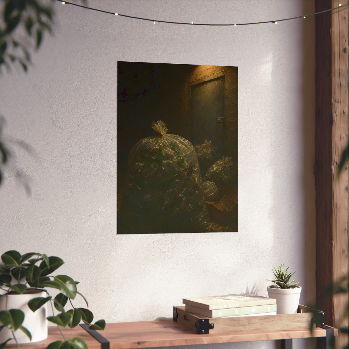 Clear bags of empty bottles piled by a padlocked door under a wall lamp. The Gathering of Empties by Garabaggio, fine art print hanging in a room.