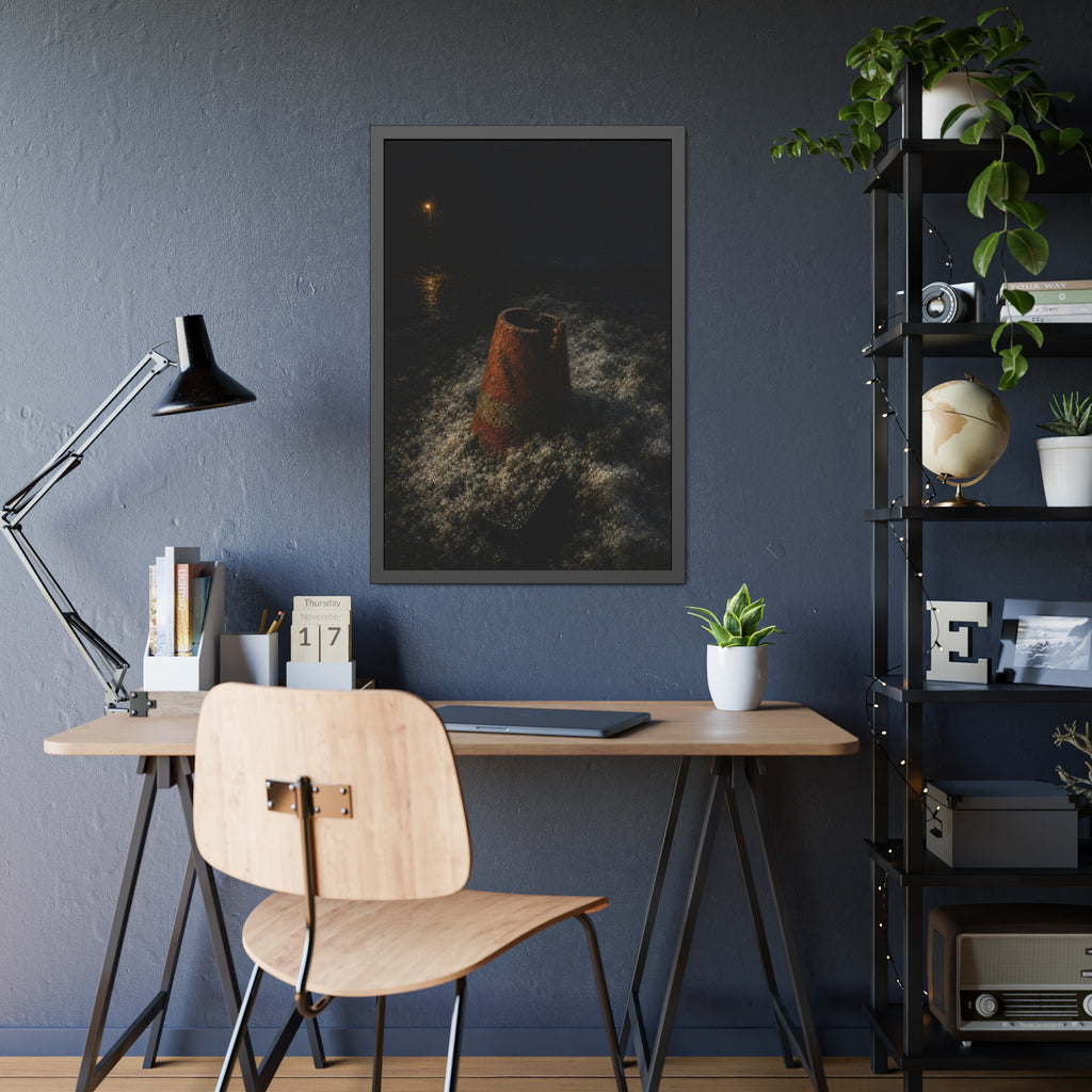 An orange traffic cone half buried in road salt under a distant streetlight. The Burial in Road Salt by Garabaggio, framed fine art print hanging in a room.