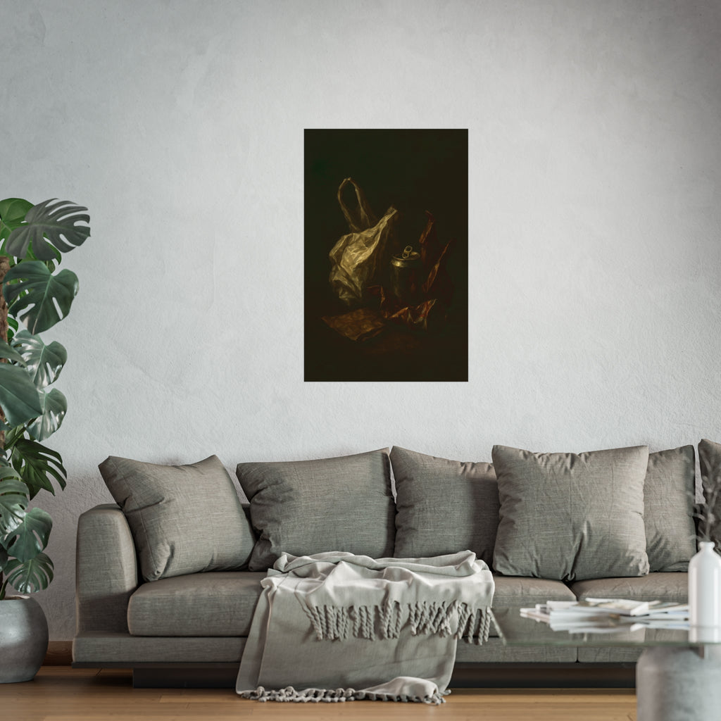 A crumpled plastic bag, crushed can and foil wrappers on a dark table. The Pietà of the Deflated by Garabaggio, fine art print hanging in a room.