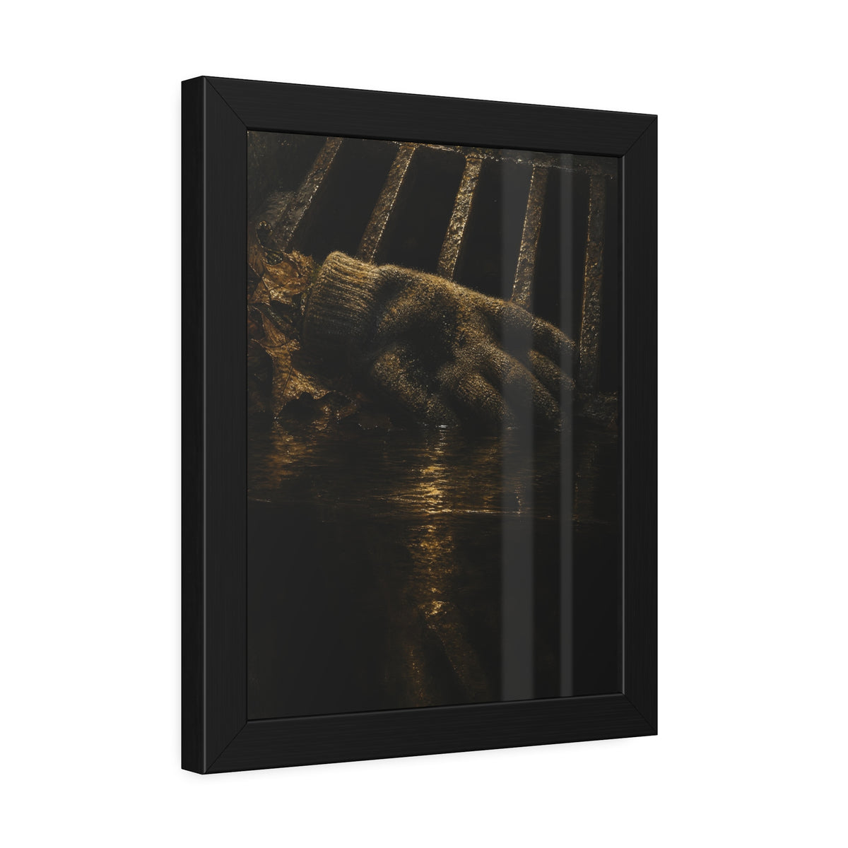 A single work glove on a storm drain grate above dark standing water. The Descent Into the Drain by Garabaggio, framed fine art print hanging in a room.