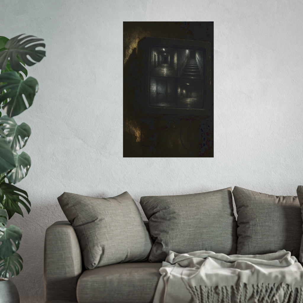 A grimy wall monitor showing four empty corridors in dim gray light. Four Views of No One by Garabaggio, fine art print hanging in a room.