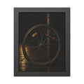 A bent bicycle wheel locked to a post on wet pavement. The Last Lock by Garabaggio, framed fine art print, 11″ x 14″.