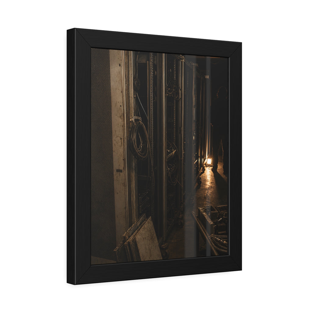 Open server racks in a dark room, a work lamp and a figure at the end. Garabaggio at the End of the Row by Garabaggio, framed fine art print hanging in a room.