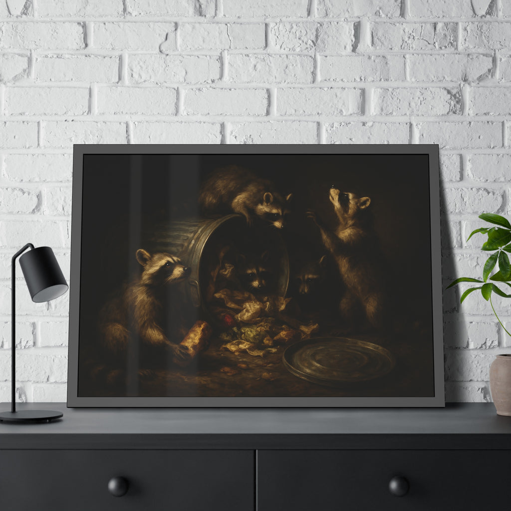 Raccoons around a tipped metal trash can, scattering food scraps. The Vigil of the Midnight Feast by Garabaggio, framed fine art print hanging in a room.