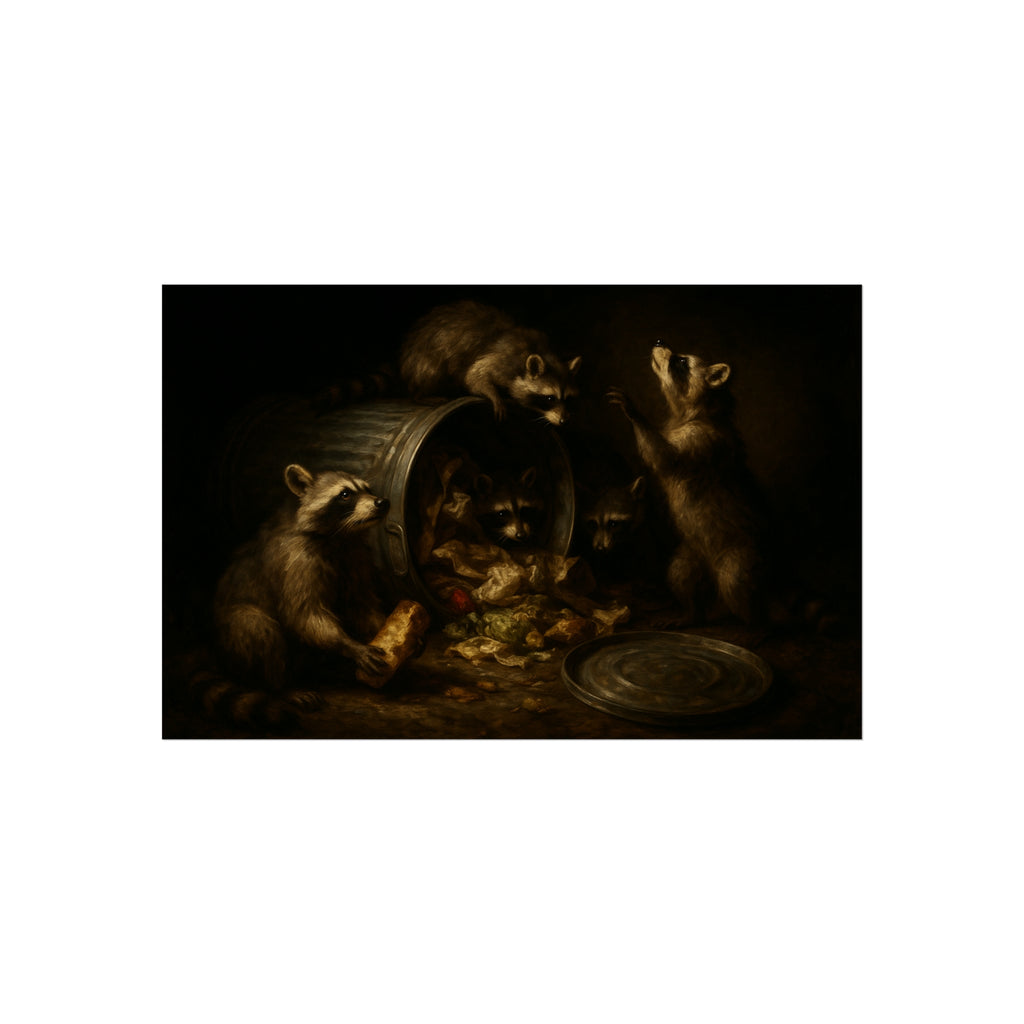 Raccoons around a tipped metal trash can, scattering food scraps. The Vigil of the Midnight Feast by Garabaggio, fine art print hanging in a room.