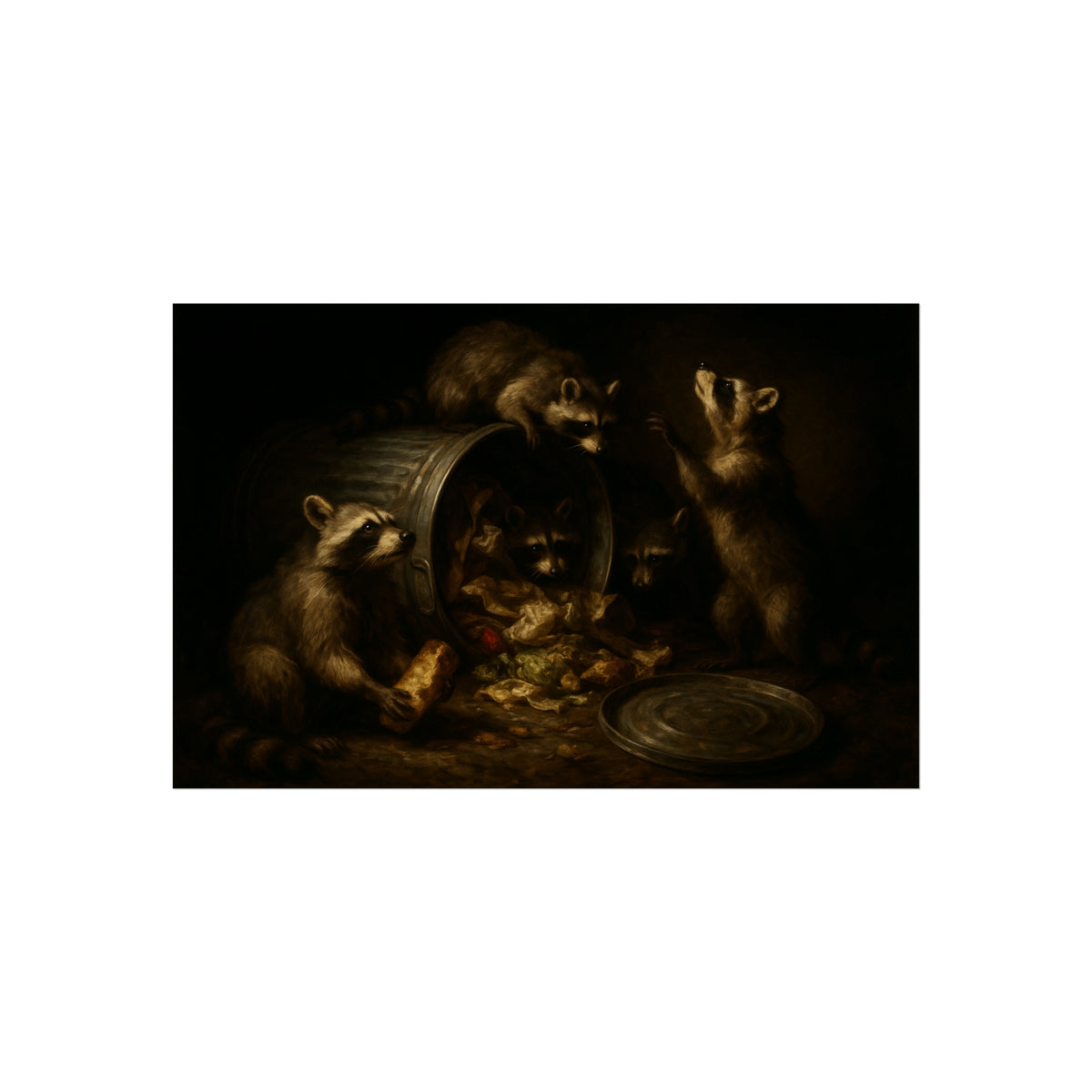 Raccoons around a tipped metal trash can, scattering food scraps. The Vigil of the Midnight Feast by Garabaggio, fine art print hanging in a room.