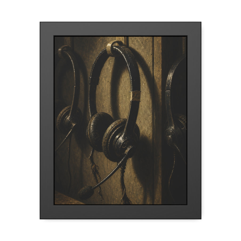 Three worn call center headsets hanging on wall hooks in dim light. The Headsets Left Hanging by Garabaggio, framed fine art print, 11″ x 14″.