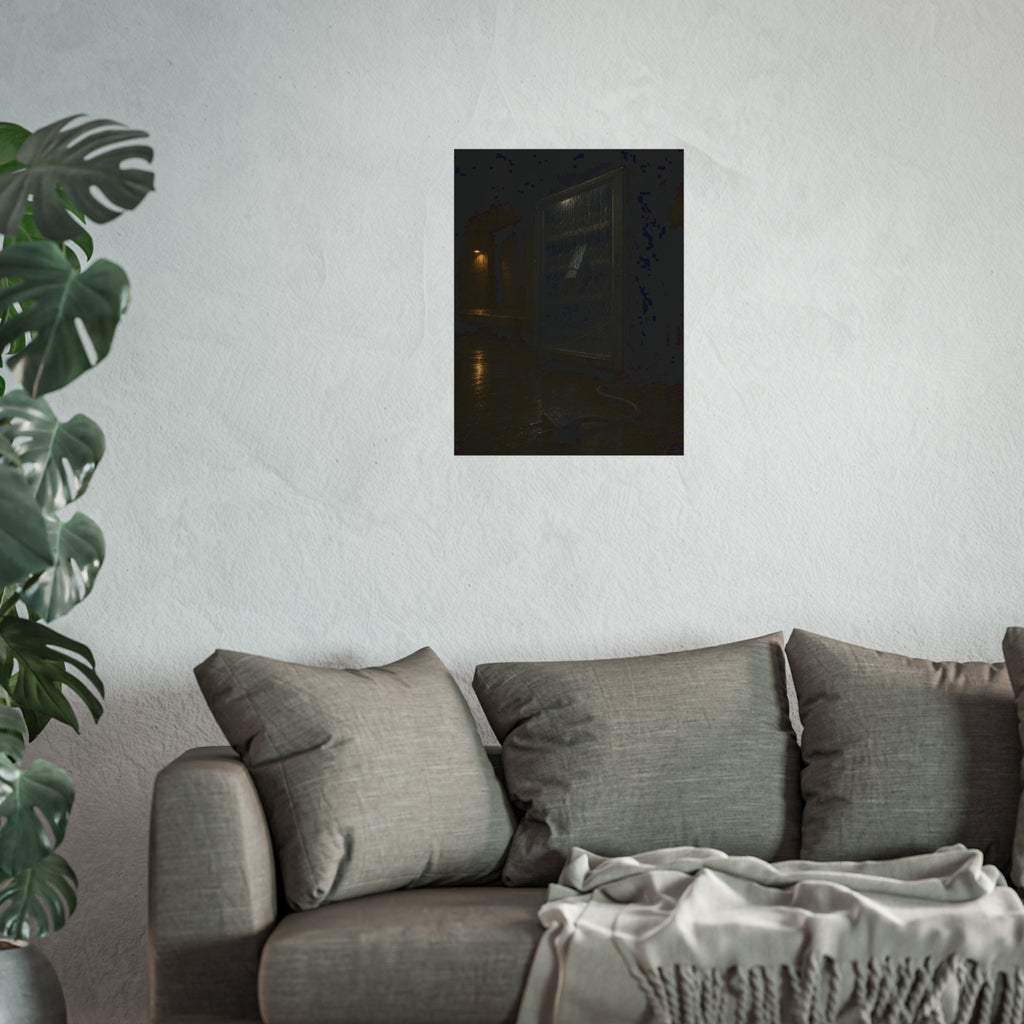 A vending machine in the rain, its cord and plug trailing across wet pavement. The Weathering Outside by Garabaggio, fine art print hanging in a room.
