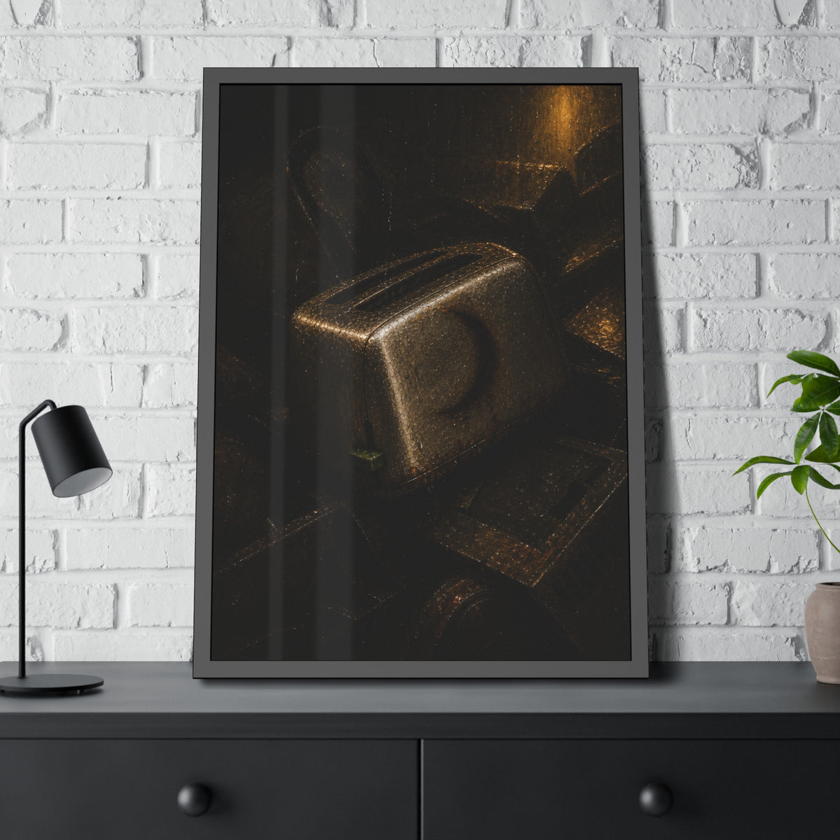 A scorched toaster resting on a heap of scrap appliances in dim light. The Arrival at Scrap by Garabaggio, framed fine art print hanging in a room.