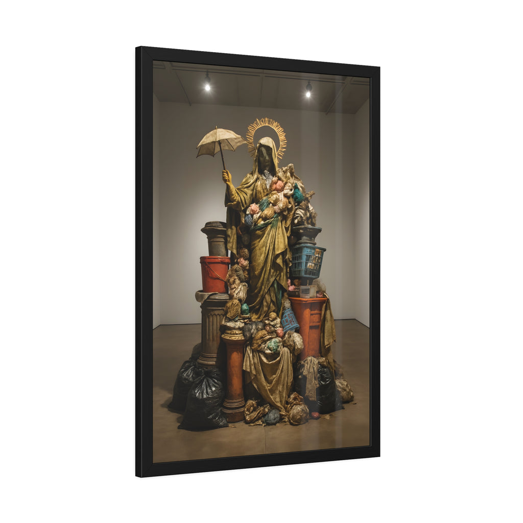 Robed figure with a halo and umbrella rising from trash bags and crates. Our Lady of Perpetual Shelter by Garabaggio, framed fine art print hanging in a room.