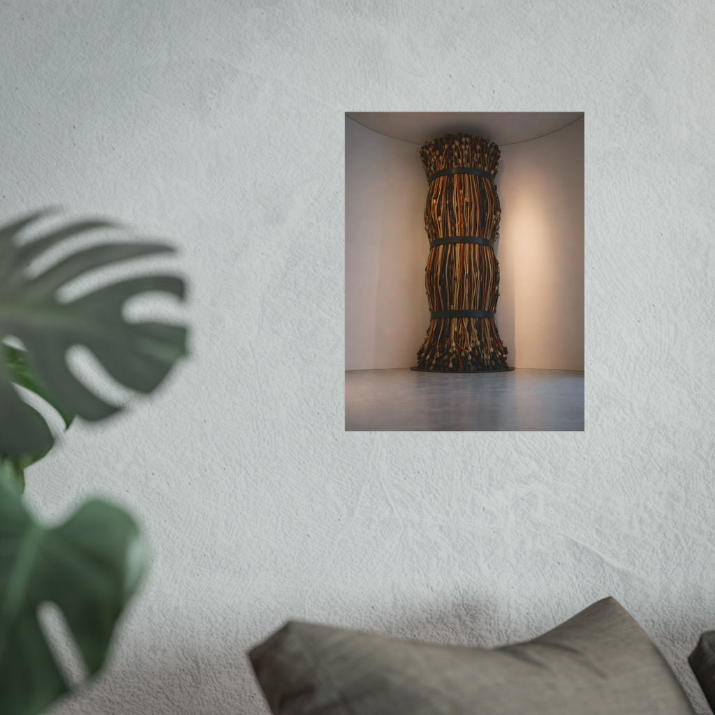 A tall column of bundled cords strapped in three places in a gallery corner. The Bundled Apse by Garabaggio, fine art print hanging in a room.