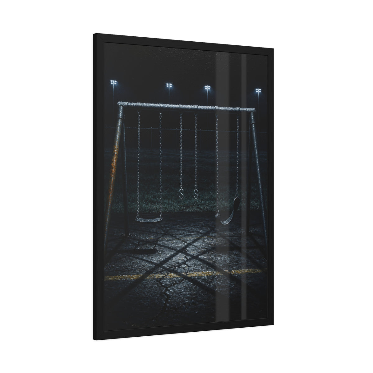 An empty swing set with a rusted leg on cracked asphalt. The Second Hour: The Rust Shaped Like a Hand by Garabaggio, framed fine art print hanging in a room.