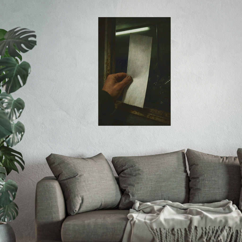 A hand holding a blank slip at a rusted counter window, bottles behind. The Receipt of Absolution by Garabaggio, fine art print hanging in a room.