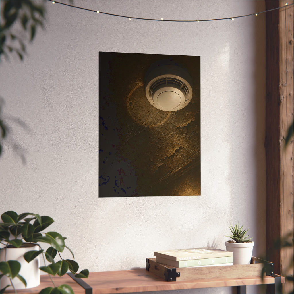 A new smoke detector on a stained ceiling next to an old mounting ring. The New Detector by Garabaggio, fine art print hanging in a room.