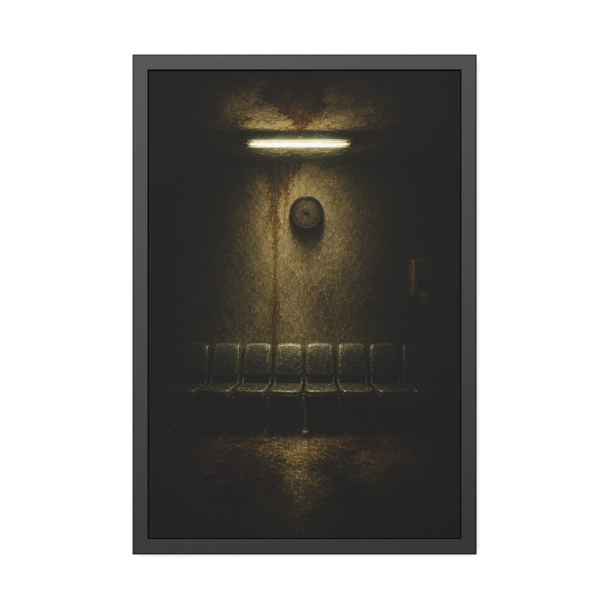 Eight worn seats in a row under a wall clock and one fluorescent tube. Eight Seats and a Clock by Garabaggio, framed fine art print, 24″ x 36″.
