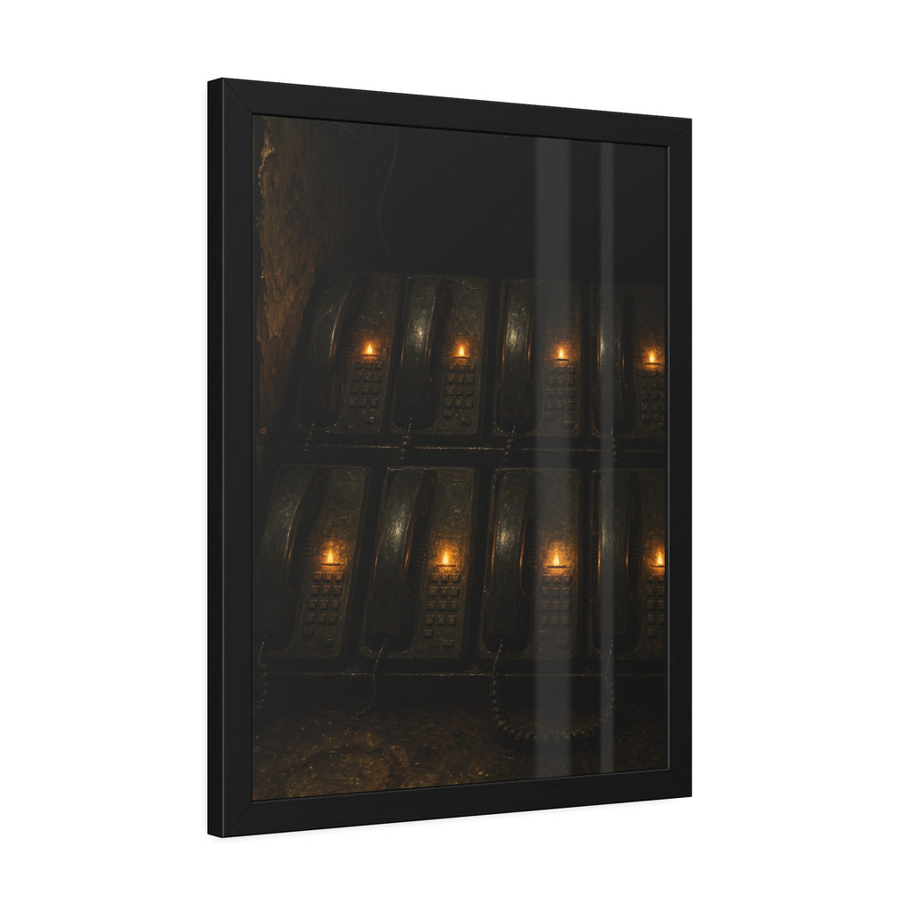 Rows of wall phones, each keypad lit by a small amber flame. The Votive Lights of the Hold Queue by Garabaggio, framed fine art print hanging in a room.