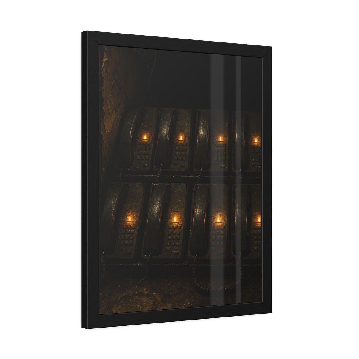 Rows of wall phones, each keypad lit by a small amber flame. The Votive Lights of the Hold Queue by Garabaggio, framed fine art print hanging in a room.