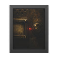 Close on an intercom nameplate and button with a small red light. The First Buzz at Dusk by Garabaggio, framed fine art print, 11″ x 14″.